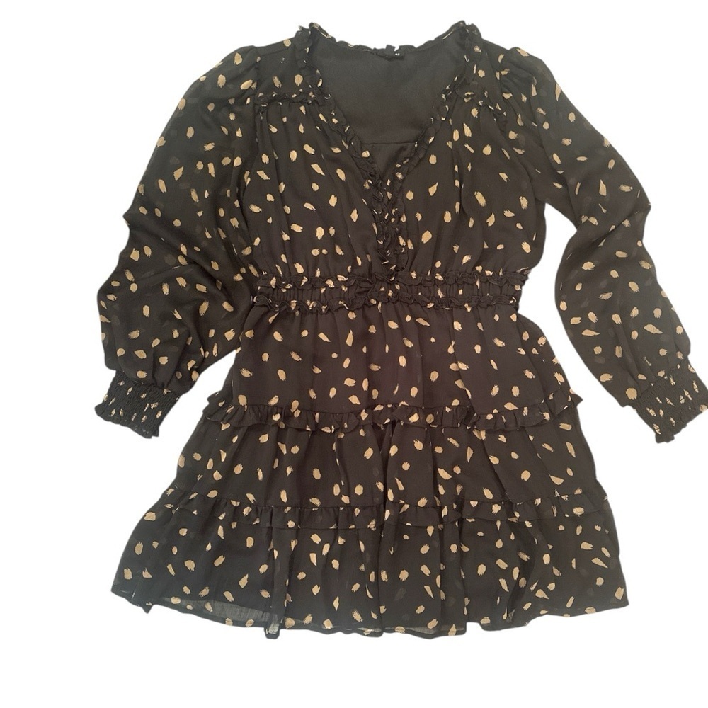 Blu Pepper Ruffles & Gold Print V NeckMini Dress Party Event Festival Sz L - Picture 5 of 5